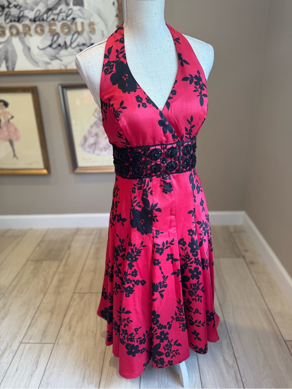 Ignite Evenings Red and Floral Beaded Halter Dress